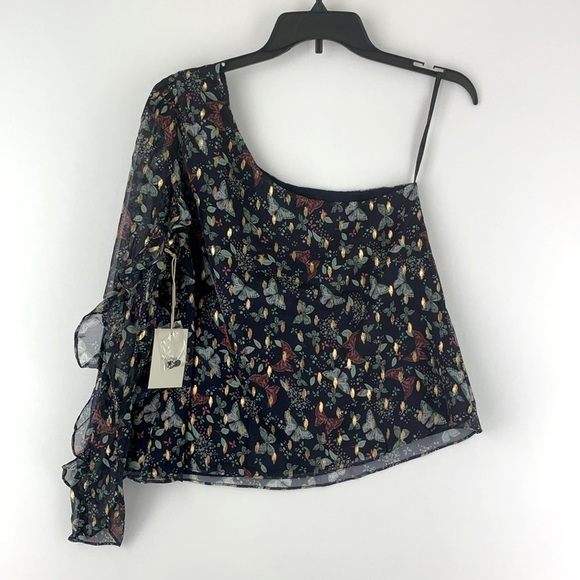 TULAROSA Rhea Sheer Floral One Shoulder Top in Navy Blue Size S - Picture 8 of 8